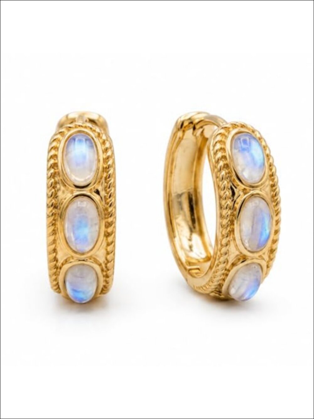 Handcrafted Moonstone Huggie Earrings 14K Gold Plated Click-Down Hoops